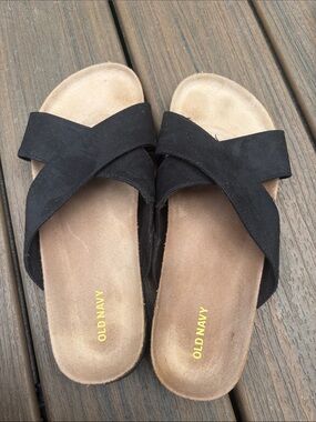 Old Navy Black Crisscross Slide Sandals with Tan Footbed